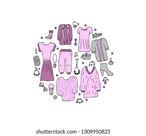 Round badge with woman clothes and accessories set in doodle style. Collection of female fashion symbols. Vector illustration. 