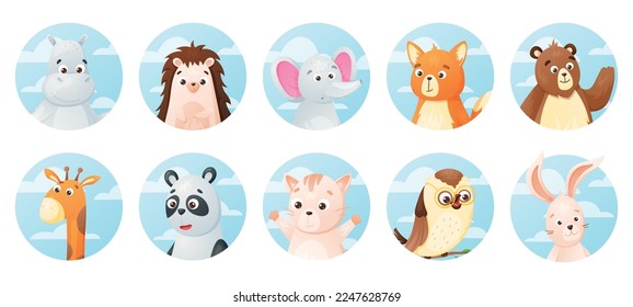 Round badges with cute cartoon forest Animals. Set of vector isolated banners.