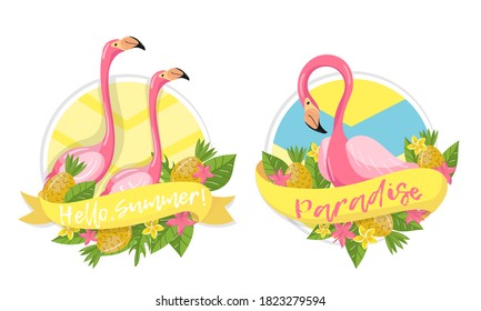 Round Badges with Exotic Pink Flamingo and Leaves Vector Set