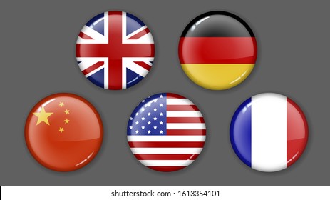 Round badges with flags of five countries: Great Britain, Germany, China, USA and France