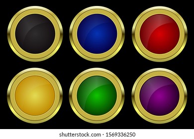 Round badges set with golden metallic frame vector illustration. Luxury template for logo, label, cover, card, button, commercial, award, certificate, pawn shop or web page graphic design element.