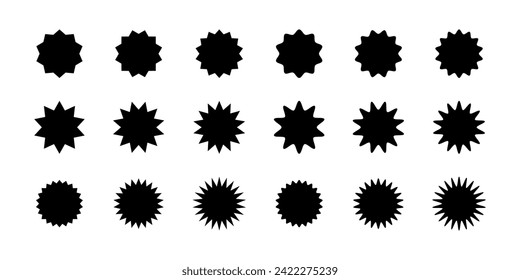 Round badges, stamps, labels, tags with zigzag and wavy edges. Sun, sunburst, sunlight, sunshine icons. Set of discount, sale, promocode stickers isolated on white background. Vector flat illustration