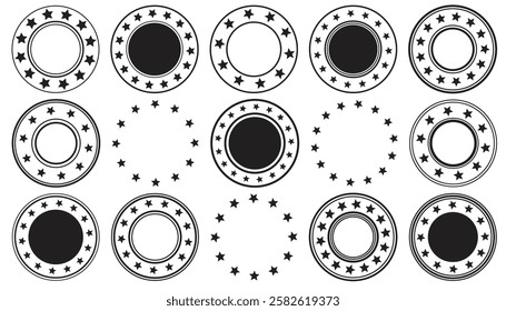 Round badges with stars for premium quality items. Stars in the circle stickers set isolated on white background.