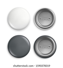 Round badges. White plastic badge mockup, isolated buttons witn pins. Realistic round magnet with metallic blank back side vector set