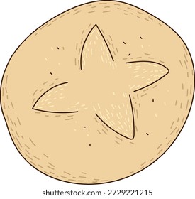 Pan de pan horneado redondo con puntuación cruzada y corteza texturizada, dibujado a mano con líneas limpias. Símbolo de confort casero, calidez, artesanía de panadería y nutrición diaria. Ilustración vectorial de dibujos animados.