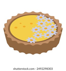 Round baked lemon pie with a crispy crust decorated with chamomile flowers
