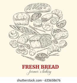Round bakery background, sketch hand drawn vector illustration