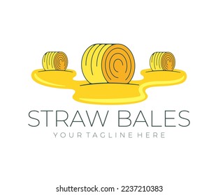 Runde Ballen aus Stroh auf dem Feld, Landwirtschaft und Landwirtschaft, Logo-Design. Tierfutter, Lebensmittel, Kulturen, Ernte, Nutzland, Heu- und Ballen-Heuballen, Vektordesign und Illustration