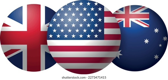 round ball flags of Australia, United States and United Kingdom as new military alliance security pact between countries