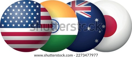 round ball flags of Australia, United States, Japan, India as new military alliance quad security pact between countries