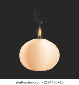 Round ball sphere paraffin or natural wax candle, scented or aromatic fragrance. Vector realistic candlelight, burning wick with flames and smoke from blowing out bright spark