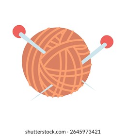 round ball of yarn with knitting needles inside. An isolated object for handicrafts. cozy atmosphere. flat color illustration. For designing websites about knitting, handicrafts, blogs, hobby items