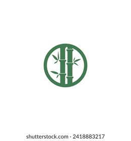 Round bamboo logo design vector with leaf on green color