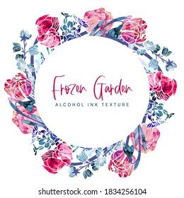 Round banner with abstract flowers with alcohol ink teture on background, hand drawn vector watercolor illustration