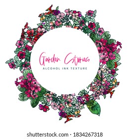 Round banner with abstract tiny flowers with alcohol ink texture on background, hand drawn vector watercolor illustration
