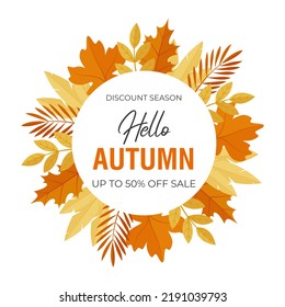 Round banner for the autumn sale. Autumn forest leaves frame. Vector design of a discount offer with autumn leaves on a white background for social media post, web banner, print.