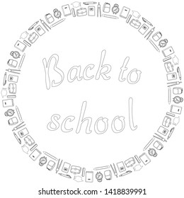 Round banner. Back to school. Textbooks, notebooks, pencils, pens, school bags, briefcases, square academic caps, rulers, alarm clocks and swirled around the inscription on a white background. Vector.