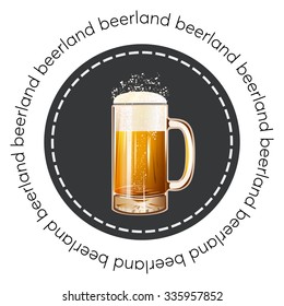 Round banner, badge or logo beer mug vector illustration poster, isolated. Gold beer glass mug with foam bubbles over round coaster. Good as a template of advertisement. Cool beer label.