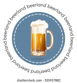 Round banner, badge or logo beer mug vector illustration poster, isolated. Gold beer glass mug with foam bubbles over round coaster. Good as a template of advertisement. Cool beer label.