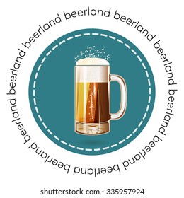 Round banner, badge or logo beer mug vector illustration poster, isolated. Gold beer glass mug with foam bubbles over round coaster. Good as a template of advertisement. Cool beer label.