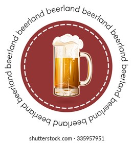 Round banner, badge or logo beer mug vector illustration poster, isolated. Gold beer glass mug with foam bubbles over round coaster. Good as a template of advertisement. Cool beer label.