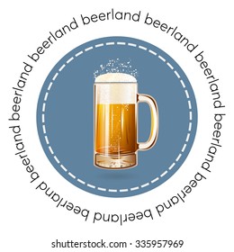 Round banner, badge or logo beer mug vector illustration poster, isolated. Gold beer glass mug with foam bubbles over round coaster. Good as a template of advertisement. Cool beer label.