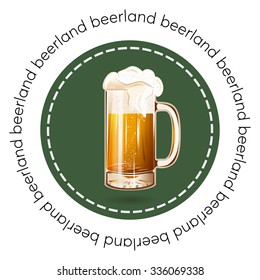 Round banner, badge or logo beer mug vector illustration poster, isolated. Gold beer glass mug with foam bubbles over round coaster. Good as a template of advertisement. Cool beer label.