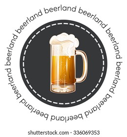 Round banner, badge or logo beer mug vector illustration poster, isolated. Gold beer glass mug with foam bubbles over round coaster. Good as a template of advertisement. Cool beer label.