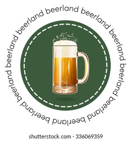 Round banner, badge or logo beer mug vector illustration poster, isolated. Gold beer glass mug with foam bubbles over round coaster. Good as a template of advertisement. Cool beer label.