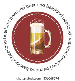 Round banner, badge or logo beer mug vector illustration poster, isolated. Gold beer glass mug with foam bubbles over round coaster. Good as a template of advertisement. Cool beer label.