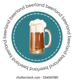 Round banner, badge or logo beer mug vector illustration poster, isolated. Gold beer glass mug with foam bubbles over round coaster. Good as a template of advertisement. Cool beer label.