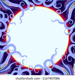 round banner with blue octopus tentacles and dark  background, sealife: vector illustration 
