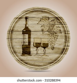 round banner bottle of red wine, glasses and grapes on a wooden background.hand drawn