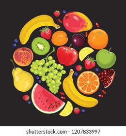 Round banner with bright color fruits and berries on black background. Vector food illustration in flat cartoon style.