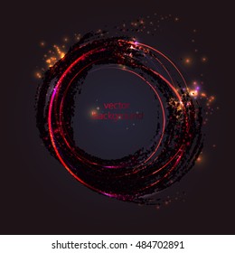 Round banner brush stroke and lights, vector dark background