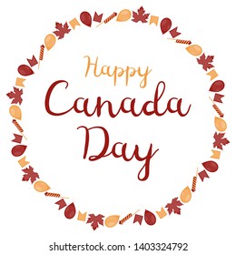 Round banner for Canada Day. The inscription is surrounded by a  of small red-yellow maple leaves, flags, balls and firecrackers on a white background. Vector.