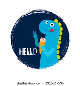 Round banner with cartoon baby dinosaur with ice cream, vector illustration