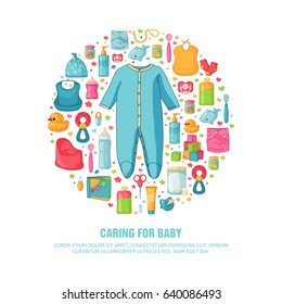 Round banner with childhood's pattern. Newborn staff for decoration. Circle Design templates for card, invitation with baby crawlers clothing, toys, accessories for boy babies shower. Vector.