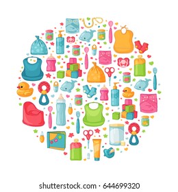 Round banner with childhood's pattern. Newborn staff for decoration. Circle Design templates for card, invitation with clothes, toys, accessories for babies shower. Vector.