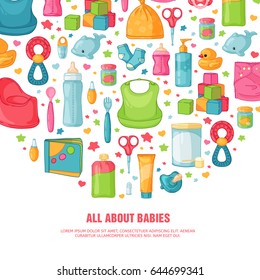 Round banner with childhood's pattern. Newborn staff for decoration. Circle Design templates for card, invitation with clothes, toys, accessories for babies shower. Vector