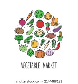 Round banner with color icons of vegetables. Design for market and store, vector illustration