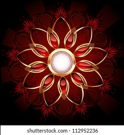 Round banner decorated with abstract flower jewelry with red, smooth rubies.