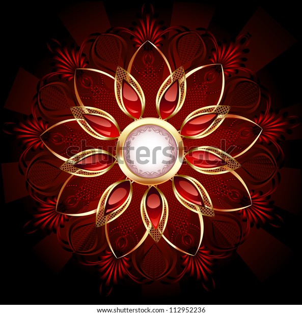 Round banner decorated with abstract flower jewelry with red, smooth
