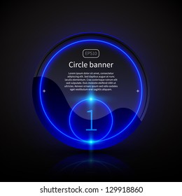 Round banner with deep blue glowing elements.