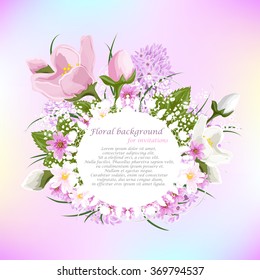 Round banner with delicate bouquet of magnolia pink and white color, pink flowers, lilac, grass and ornaments. Floral background for invitations, for weddings, greetings or postcards.