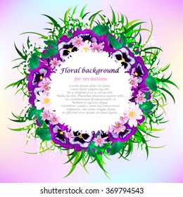 Round banner with delicate bouquet of violets, pink flowers, grass and ornaments. Floral background for invitations, for weddings, greetings or postcards.