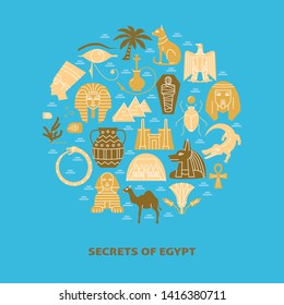 Round banner with Egypt icons in flat style. Eagle national symbol, pharaoh head, Sphinx and pyramids. Vector illustration with place for text.