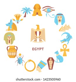 Round banner with Egypt icons in flat style. Eagle national symbol, pharaoh, Sphinx and pyramids. Vector illustration.