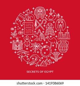 Round banner with Egypt icons in line style. Eagle national symbol, pharaoh head, Sphinx and pyramids. Vector illustration with place for text.