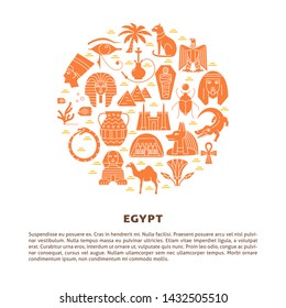 Round banner with Egypt silhouette icons in flat style. Eagle national symbol, pharaoh head, Sphinx and pyramids. Vector illustration with place for text.